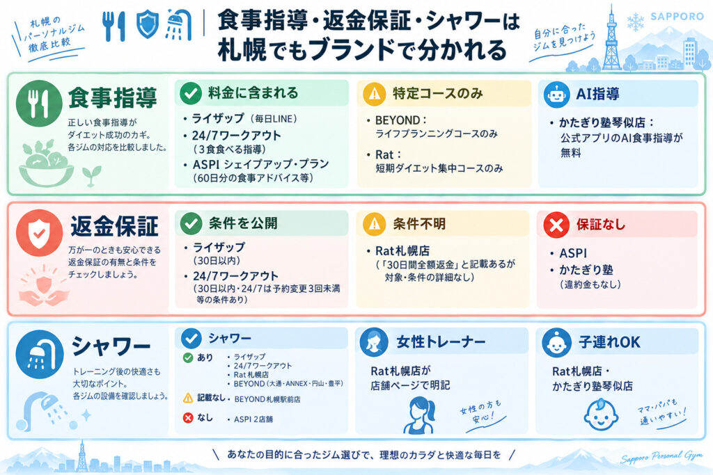 食事指導・返金保証・シャワーは札幌でもブランドで分かれる