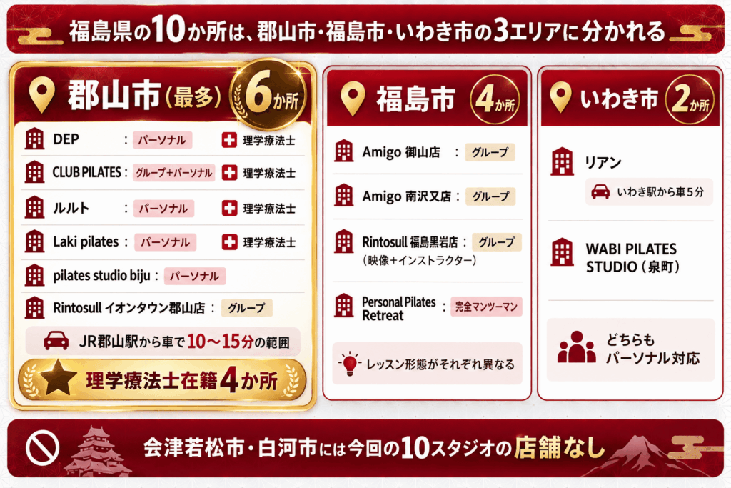 福島県の10か所は、郡山市・福島市・いわき市の3エリアに分かれる
